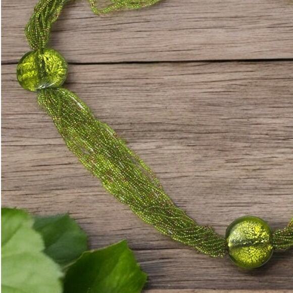 Green Seed Beaded Multi-strand with Vintage Necklace - Picture 2 of 5
